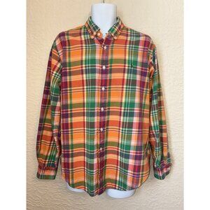 Ralph Lauren Orange Pink Madras Button Preppy Beach Church Spring Dress Shirt L